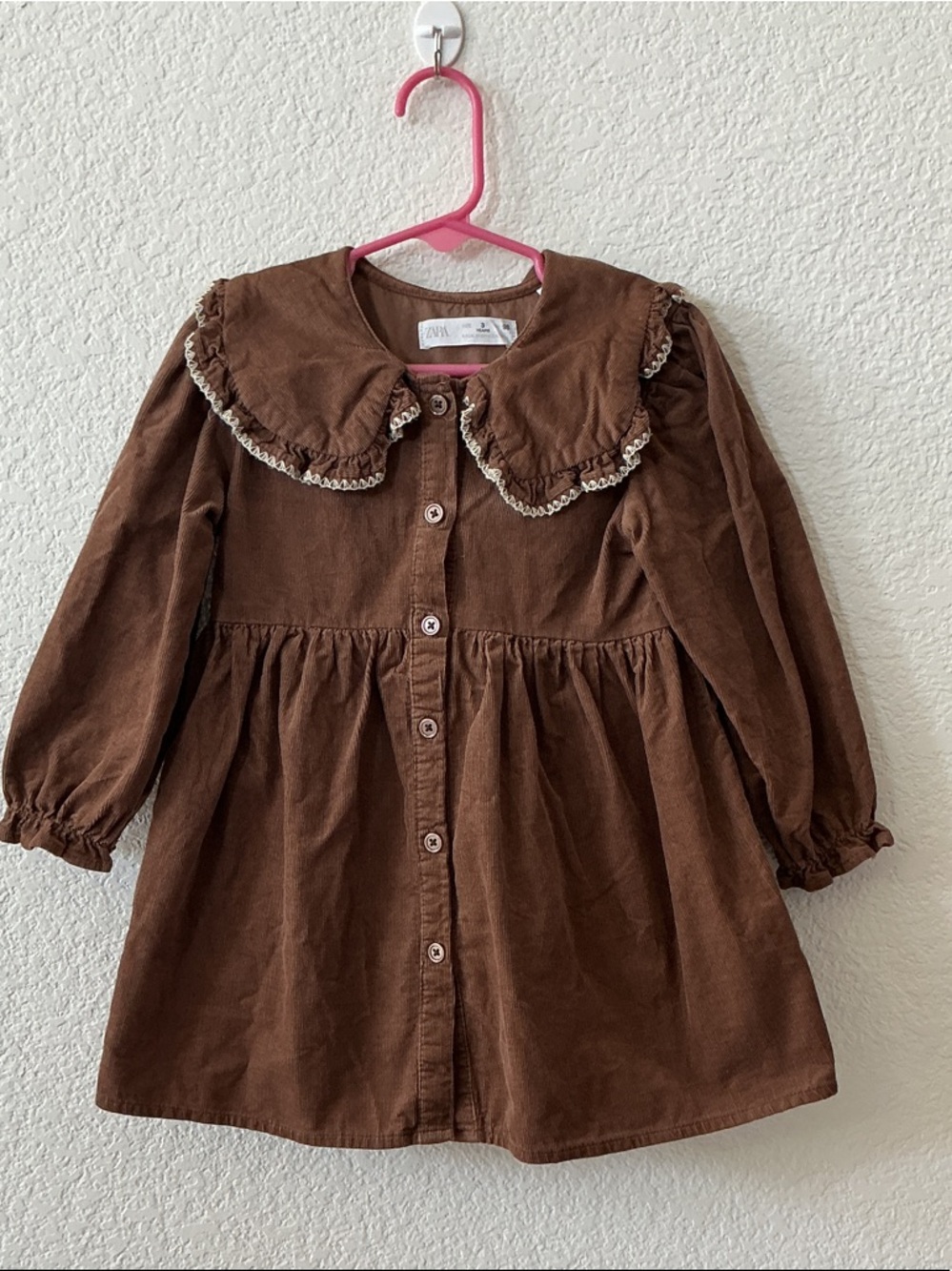 Zara Girl’s Brown Long-Sleeve Corduroy Dress with Peter Pan Collar Size 3Y